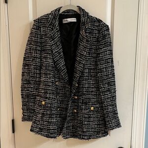 Zara Monochrome Tweed Blazer with Gold button Accents